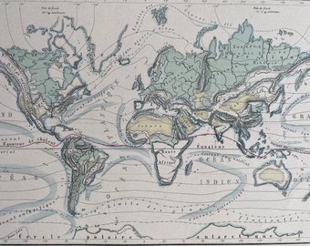 1858 Original Antique Physical World Map showing Natural Regions and Ocean Currents - Available Framed