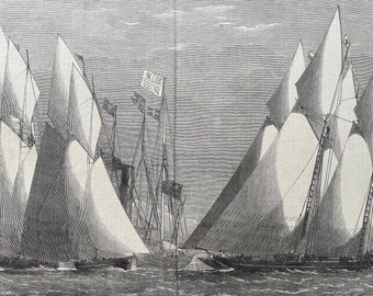 1864 Schooner Match of the Royal Thames Yacht Club Original Antique Print - Available Framed