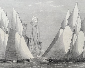 1864 Schooner Match of the Royal Thames Yacht Club Original Antique Print - Available Framed