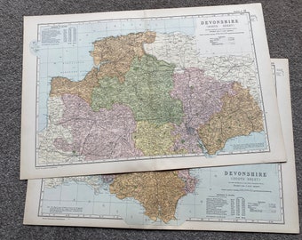 1902 Devonshire Set of 2 Large Original Antique Maps showing railways, stations, crossroads, canals - England