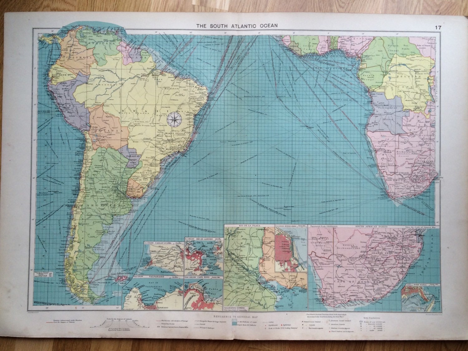 1920 The South Atlantic Ocean mercantile marine map - South America - Africa - extra large
