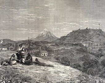 1880 New Plymouth, Marsland Hill and Mount Egmont, Taranaki, New Zealand Original Antique Print - Mounted and Matted - Available Framed