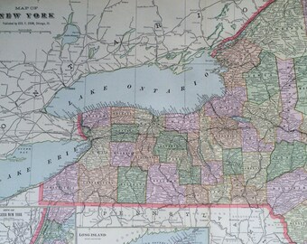 1901 NEW YORK Large Original Antique Map, 22.5 x 14.5 inches, Home Decor, Cartography, Geography, Vintage Decor, US State Map