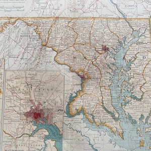1903 Maryland und Delaware große antike Originalkarte mit Nebenkarte des Bundesstaates Washington, Baltimore und Washington DC
