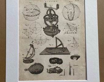 1806 Dialing, Doris, Diodon, Sun Dial Original Antique Engraving - Encyclopaedia - Mounted and Matted - Available Framed