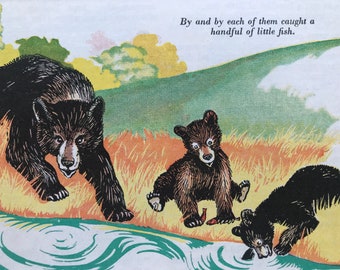 1940s Bear and Bear Cubs Original Vintage Illustration - Mounted and Matted - Animal Art - Available Framed