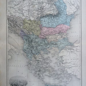 Carte ancienne originale de la péninsule des Balkans de 1892 avec gravure de Constantinople, Nouvel Atlas Illustre, Atlas français de cartes