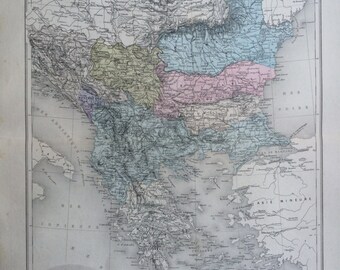 1892 Balkan Peninsula Original Antique Map with inset engraving of Constantinople, Nouvel Atlas Illustre, French atlas map