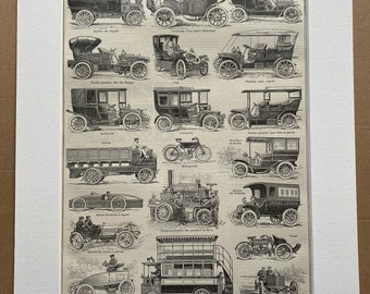 1897 Automobiles Original Antique Print - Veteran Car - Transportation - Mounted and Matted - Available Framed