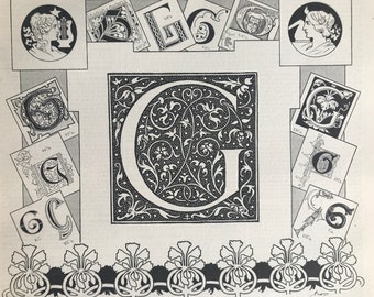 1897 Letter G - Decorative Alphabet Letter Original Antique Print - Birthday Gift - Mounted and Matted - Available Framed