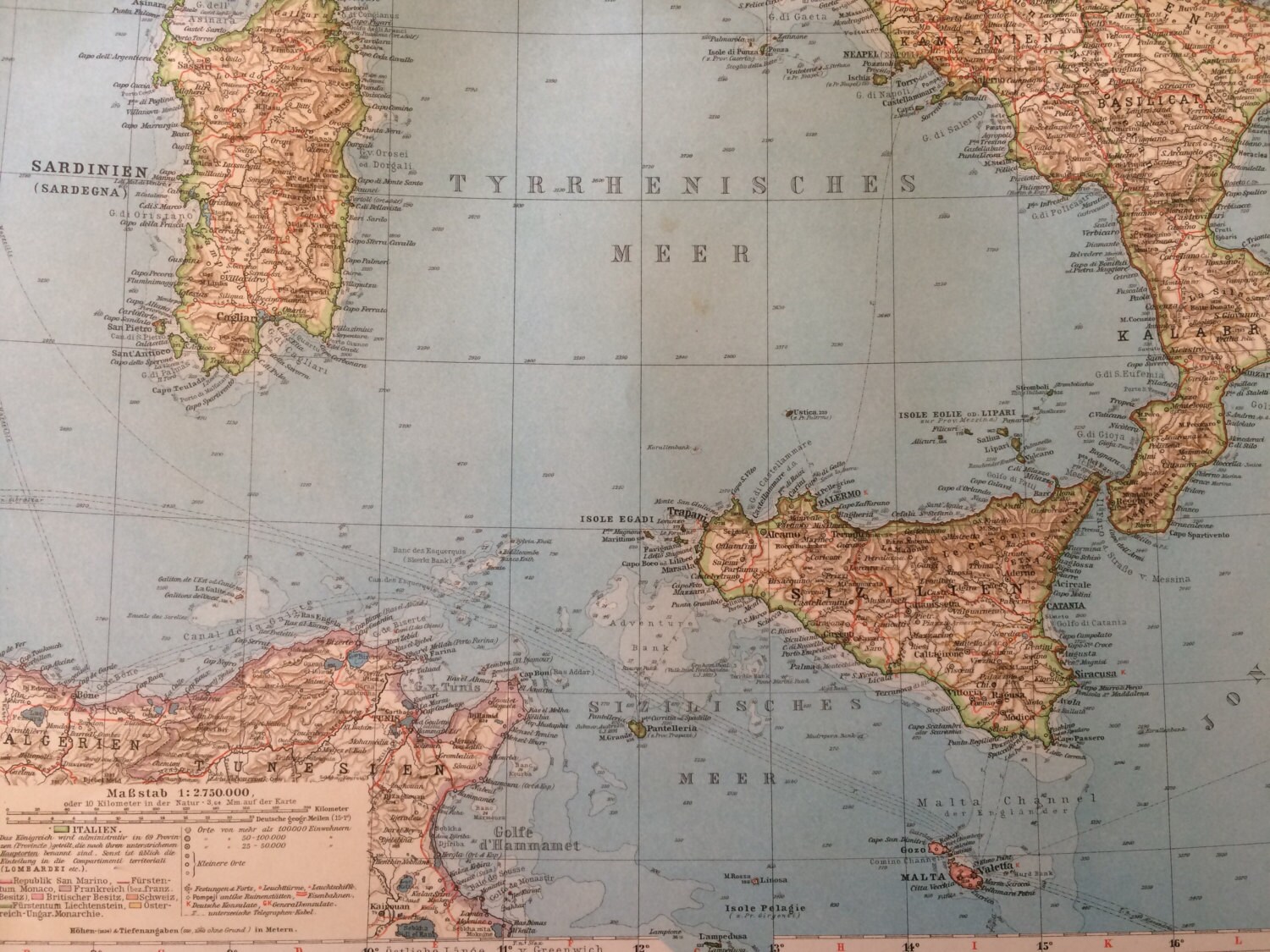 1914 ITALY Large Original Antique Map, 17 x 22 inches, historical wall