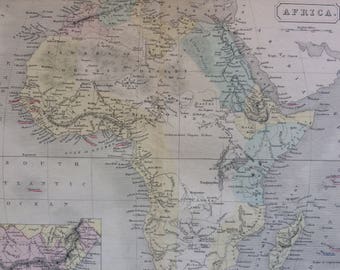 1870 AFRICA Original Antique Map showing Height of Mountains and Length of Rivers with a inset map of the Cape of Good Hope & Natal