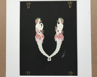 1970 Original Vintage Erte Illustration - Mounted and Matted - Available Framed - Art Deco - Alphabet Letter - Letter V - Name Day Present