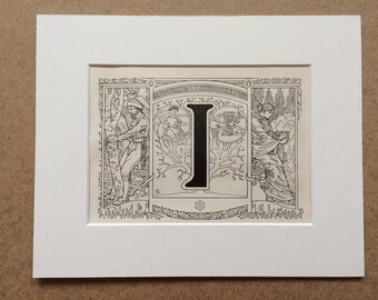 1923 Letter I Art Nouveau Original Antique Print - Mounted and Matted - Decorative Art - Wall Decor - Gift Idea - Name Day Present