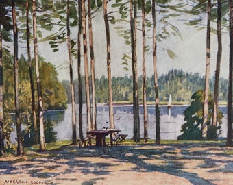 1928 Denmark - Gribscoven, The King's Pavilion Lake Original Antique Print - Mounted and Matted - Available Framed