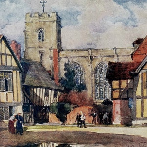 1922 Warwickshire, Stratford on Avon - The Grammar School Original Antique Print - England - Mounted and Matted - Available Framed