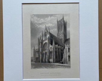 1838 Lincoln Cathedral - South Transept & Central Tower Original Antique Engraving - Architecture - Mounted and Matted - Available Framed