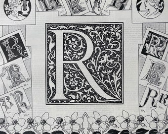 1897 Letter R - Decorative Alphabet Letter Original Antique Print - Birthday Gift - Mounted and Matted - Available Framed