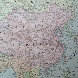 EMPIRE CHINOIS DE 1901 Grande carte ancienne originale, 60 x 35 cm, décoration d'intérieur, cartographie, géographie, décoration vintage