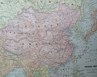 1901 CHINESE EMPIRE Large Original Antique Map, 22.5 x 14.5 inches, Home Decor, Cartography, Geography, Vintage Decor
