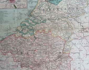 1903 Netherlands and Belgium Original Large Antique Map showing Tramways, Railroads, Battle Sites - Inset maps of Amsterdam and Brussels