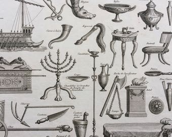 1822 Vessels, Vases and Household Utensils Original Antique Engraving - Fine Detail - Ancient History - Candelabra - Axe