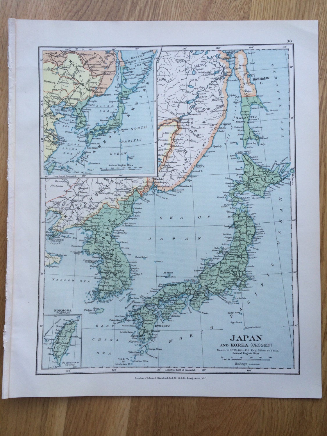 1920 JAPAN & KOREA Original Vintage Map, 12 x 14.5 inches, historical ...
