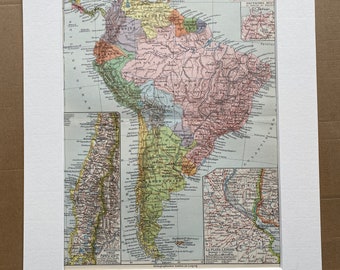 1924 South America (Political) Original Antique Map with inset maps of La Plata and Central Chile - Available Framed