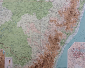 1922 NEW SOUTH WALES Large Original Antique Times Atlas Physical Map with inset maps Sydney and Canberra - Australia