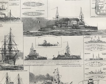 1897 Battleships Original Antique Print - Military Decor - Armoured Ship - Mounted and Matted - Available Framed