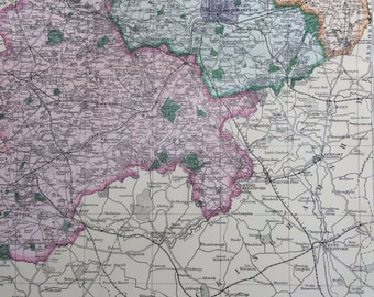 1907 NORTHAMPTONSHIRE Set of 2 Large Original Antique Maps 20.5 x 13.5 inches each, historical wall decor, George W Bacon maps