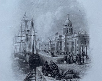 1840 Custom House, Dublin Original Antique Engraving - Ireland - Mounted and Matted - Available Framed