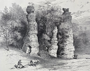 1895 Natural Towers, Virginia Original Antique Wood Engraving - Mounted and Matted - Decorative Art - Available Framed