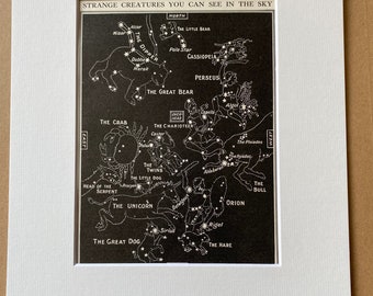 1940s Constellations Star Map Original Vintage Print - Zodiac - Constellations - Mounted and Matted - Available Framed