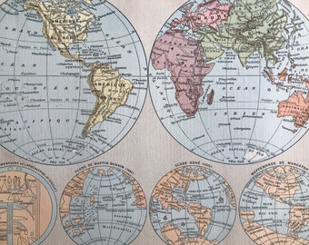 1897 Original Antique World Map - World in Hemispheres - World Maps from different eras - Mounted and Matted - Available Framed
