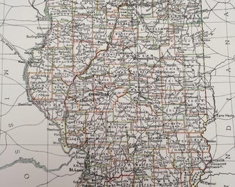 1898 Illinois Large Original Antique A & C Black Map - United States - Victorian Wall Decor - Wedding Gift Idea