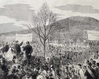 1864 The Shakespeare Commemoration in London - Planting an Oak on Primrose Hill Original Antique Print - Available Framed