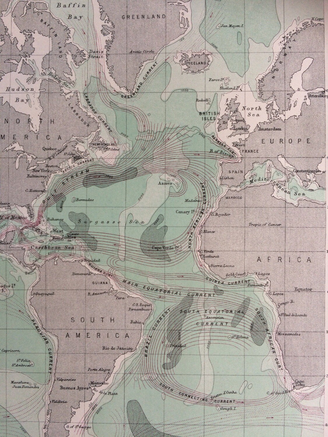 1888 ATLANTIC OCEAN Original Antique Map, 10.5 x 7 inches, historical wall decor, Home Decor 