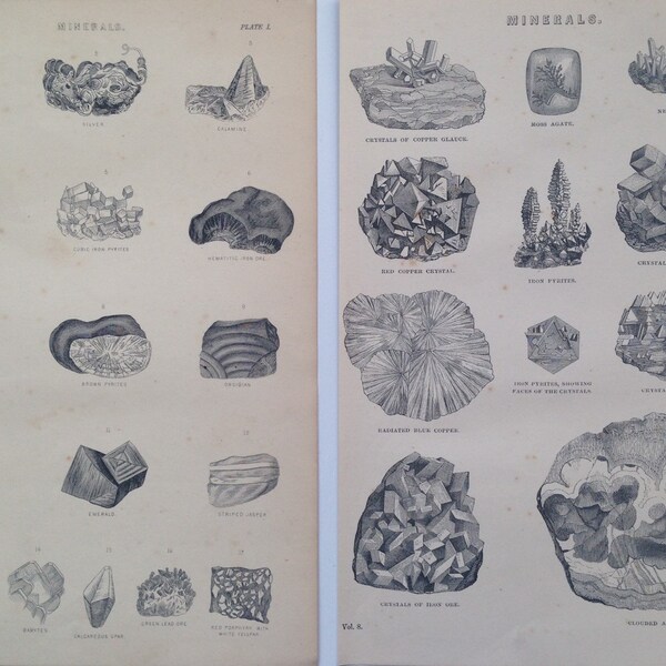 1880 MINERALS Antique print set, original, historical, vintage, educational