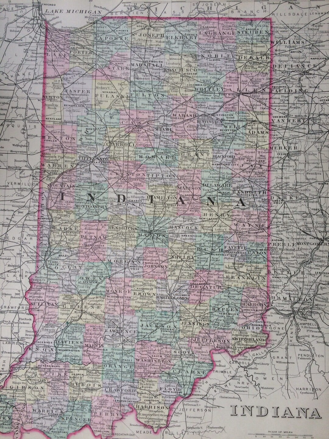 1888 INDIANA Large Rare Original Antique Mitchell Map - Wall Decor ...