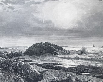1895 Indian Rock, Narragansett Original Antique Steel Engraving - Mounted and Matted - Rhode Island - Decorative Art - Available Framed