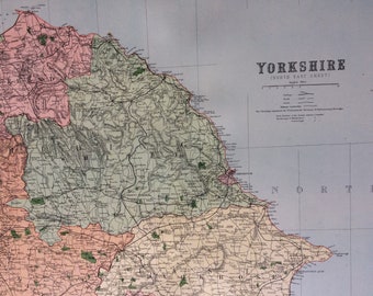 1868 Yorkshire (Northeast) shire Large Original Antique Map showing railways, roads & parliamentary divisions - UK County - Wall Map