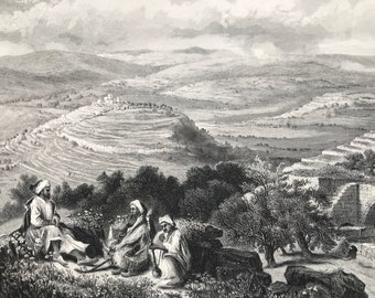 1880 View from Neby Samwil Original Antique Engraving - Palestine - Nabi Samwil - Mounted and Matted - Available Framed