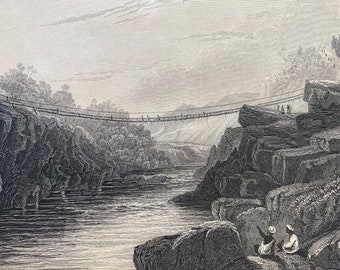1844 Grass Rope Bridge at Teree - Gurwall Original Antique Print - India  - Tehri Gahrwal -Engraving - Mounted and Matted - Available Framed