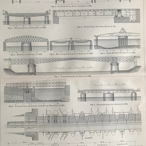 1897 Bridges Original Antique Print - Available Framed - Civil Architecture - Engineering - Vintage Wall Decor