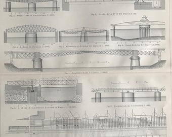 1897 Bridges Original Antique Print - Available Framed - Civil Architecture - Engineering - Vintage Wall Decor