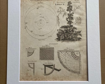 1806 Orbits of two new planets, Rhubarb, Quadrant Original Antique Engraving - Encyclopaedia - Mounted and Matted - Available Framed