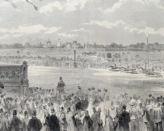 1864 The Race for the Grand Prix de Paris, at Longchamps Original Antique Engraving - Available Framed