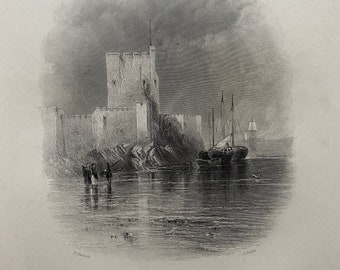 1840 Carrickfergus, Antrim Original Antique Engraving - Ireland - Mounted and Matted - Available Framed