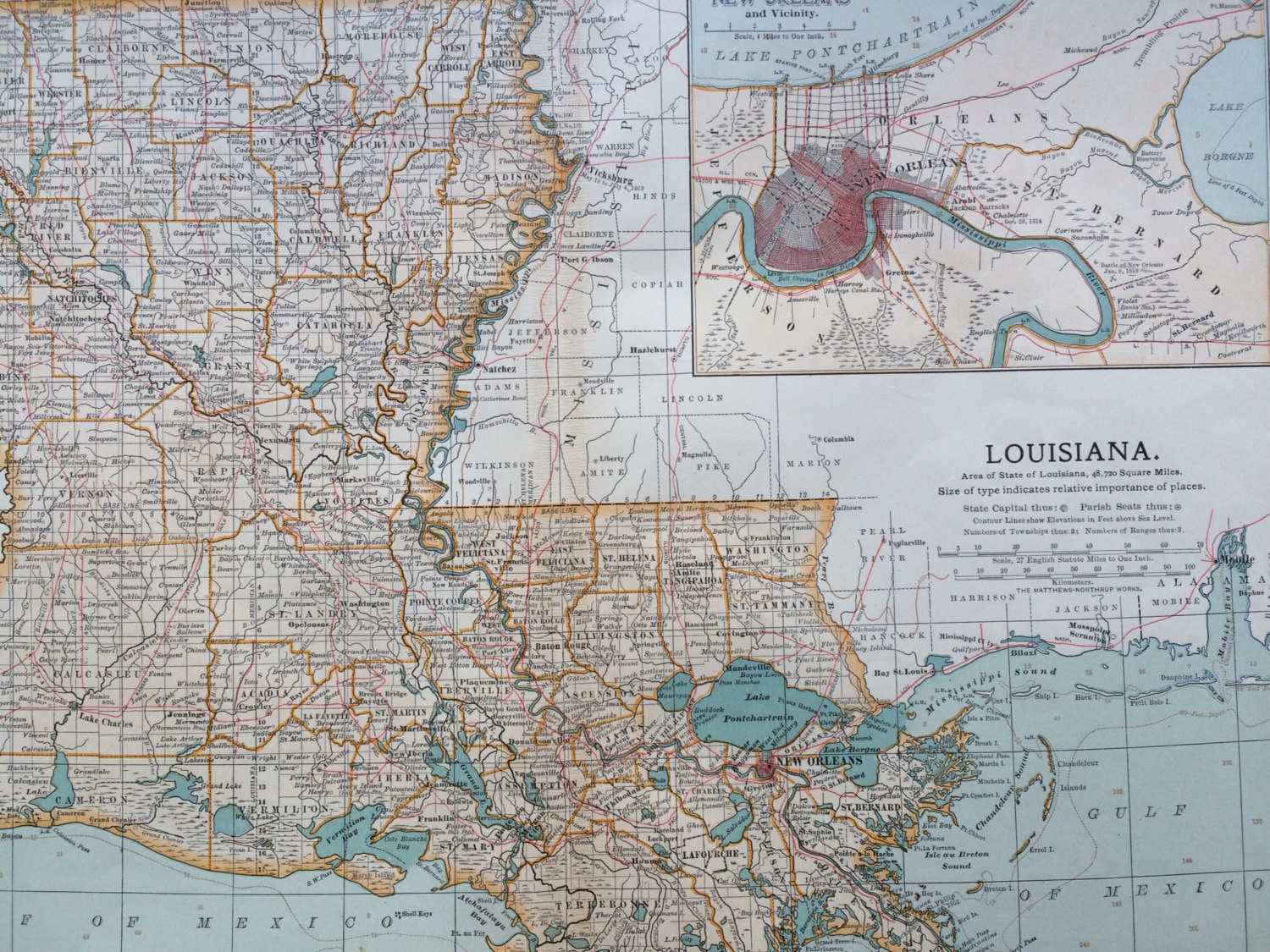 1903 Louisiana Original Large Antique Map - US State Map - LA - Wall ...